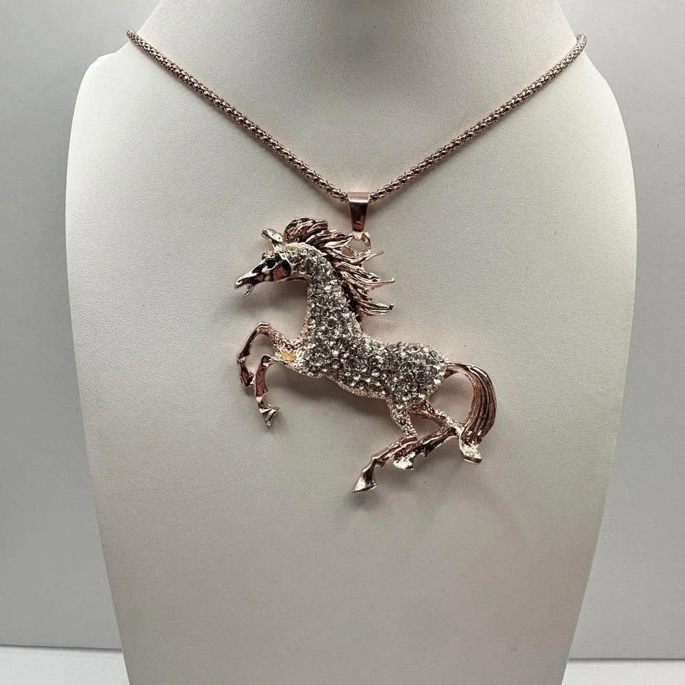 Vintage 90s Betsey Johnson Unicorn Necklace Rose Gold Tone Glass Pendant Jewelry